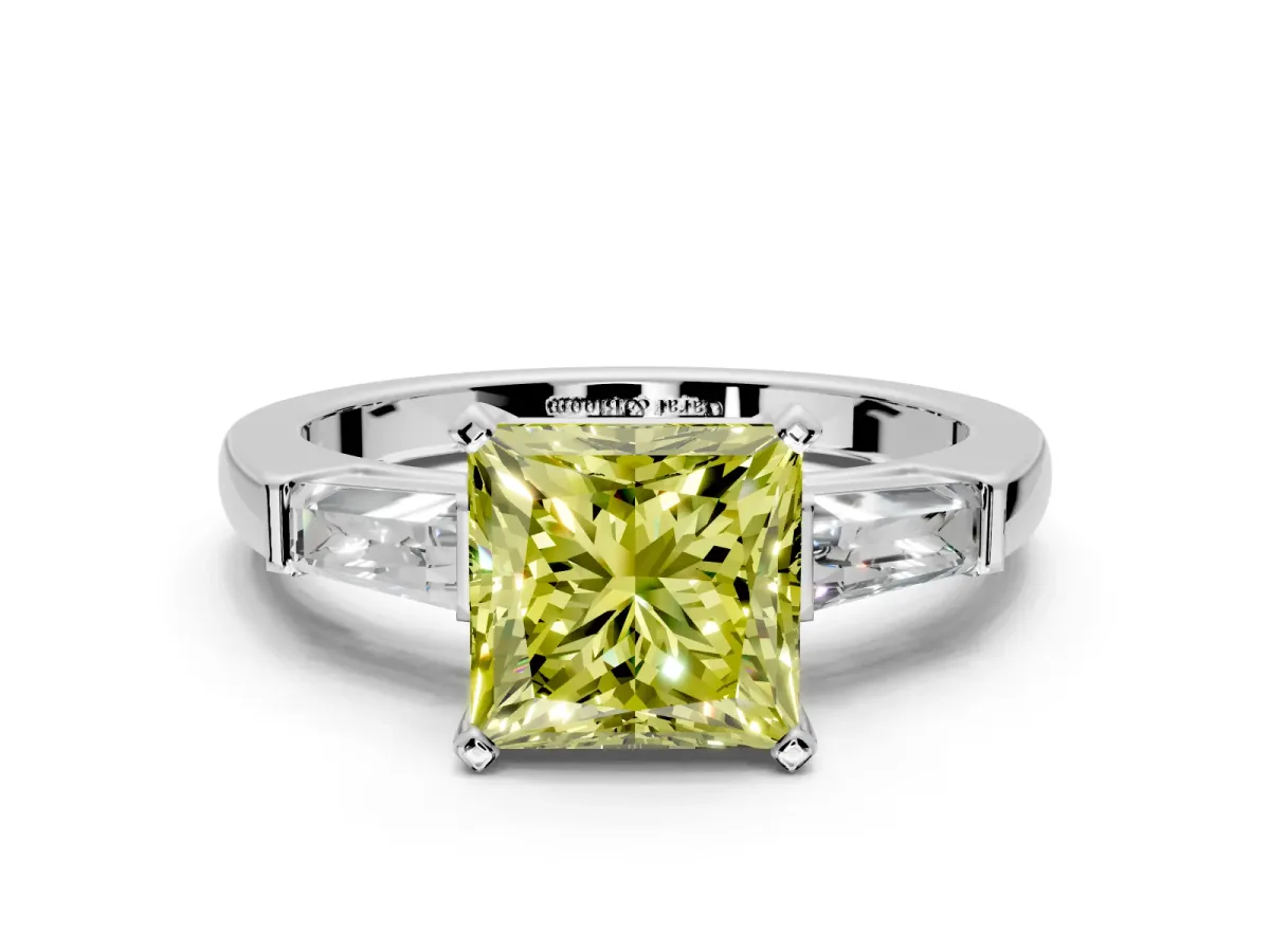 3 Stone Engagement Ring Setting for Fancy Yellow Princess Cut Center with Tapered Baguettes, Plain Band and Prong Head in White Gold