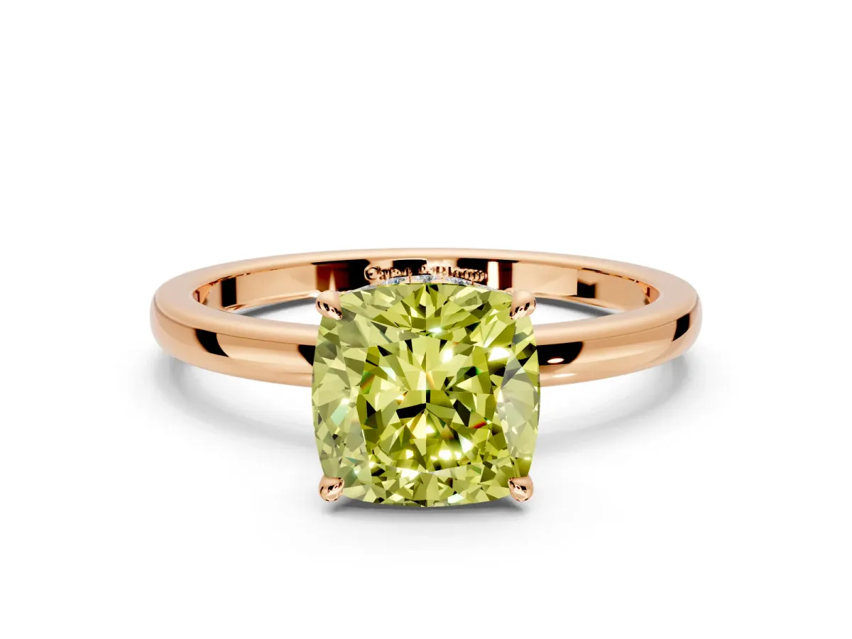 Hidden Halo Engagement Ring Setting for Fancy Yellow Cushion Cut Center with Plain Band and Tall Prong Head in Rose Gold