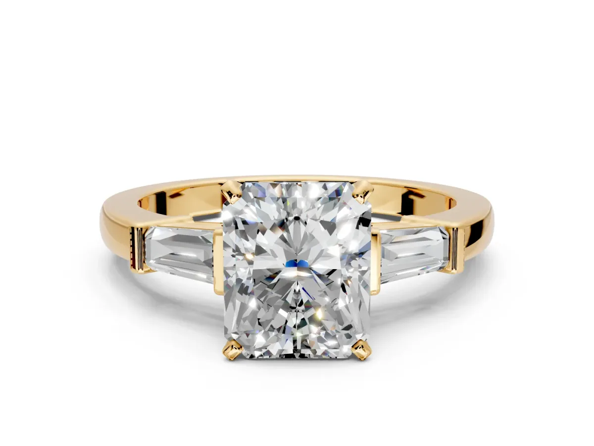 3 Stone Engagement Ring Setting for Radiant Cut Center with Channel Baguette Accents and Prong Head in Yellow Gold