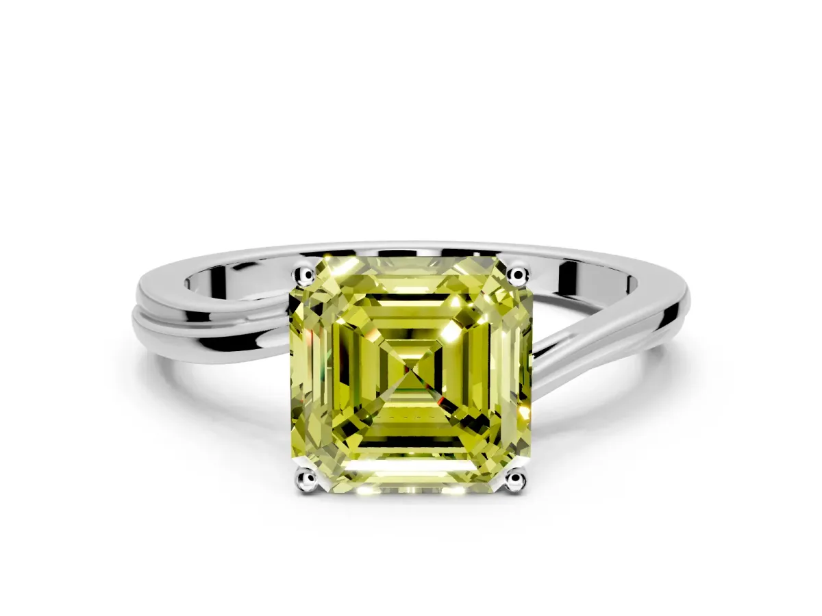 Solitaire Engagement Ring Setting for Fancy Yellow Asscher Cut Center with Plain Bypass Twist Band and Prong Head in Platinum