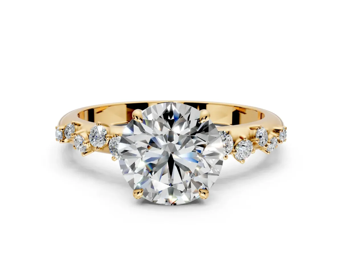 Cluster Engagement Ring Setting for Round Cut Center with Round Cut Accent Band and Prong Head in Yellow Gold