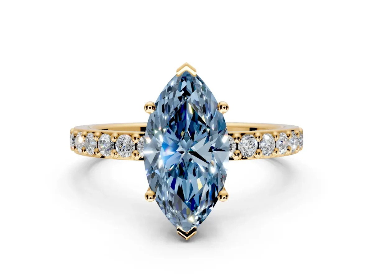 Solitaire Engagement Ring Setting for Fancy Blue Marquise Center with Round Cut Pave Band and Prong Head in Yellow Gold