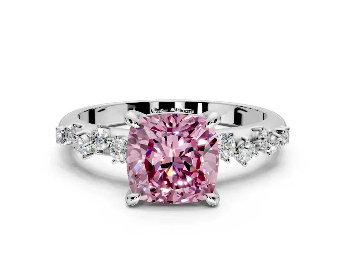 Solitaire Engagement Ring Setting for Fancy Pink Cushion Cut Center with Trailing Leaf Accent Band and Prong Head in Platinum