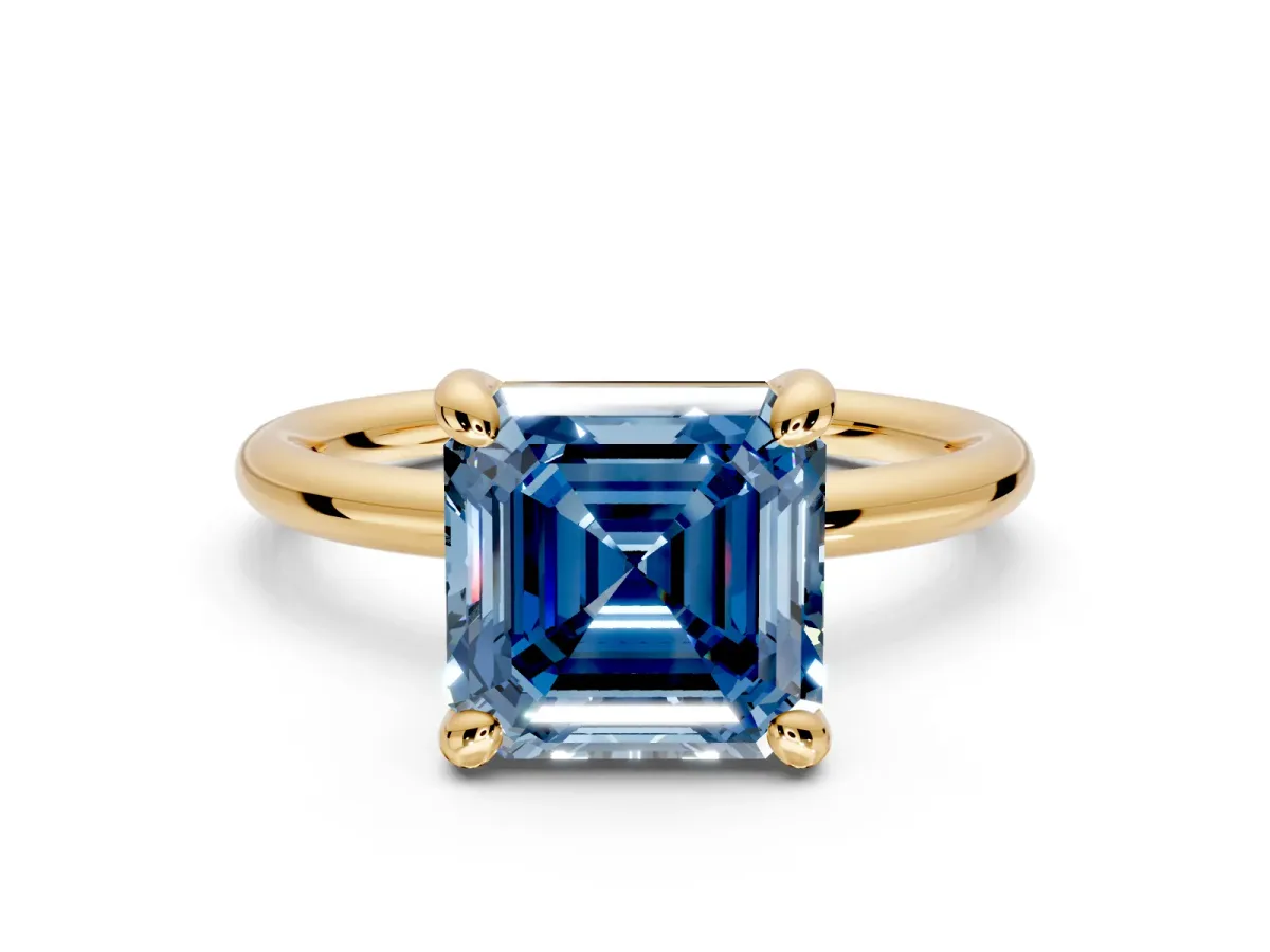 Low-Set Solitaire Engagement Ring Setting for Fancy Blue Asscher Cut Center with Thin Plain Band and Prong Head in Yellow Gold
