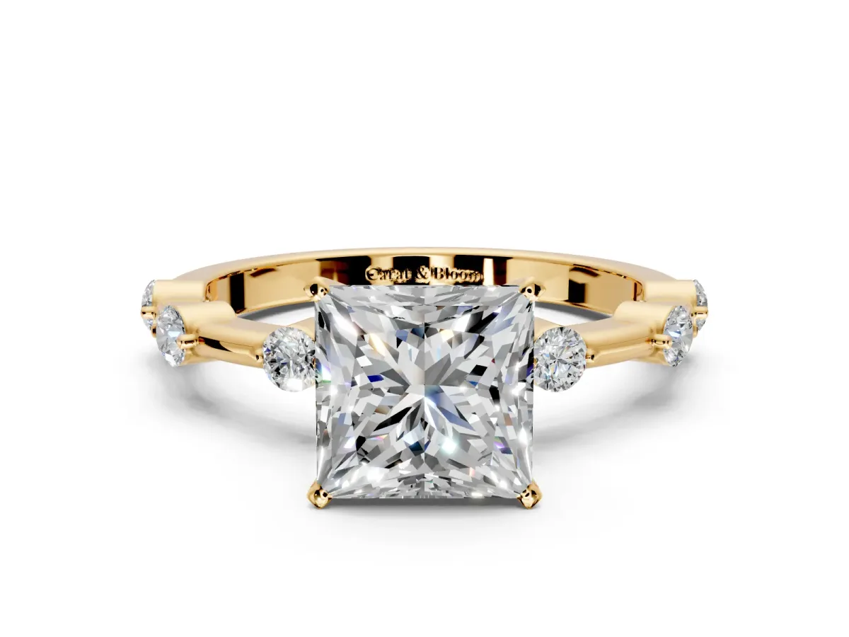 Solitaire Engagement Ring Setting for Princess Cut Center with Bezel Station Band and Prong Head in Yellow Gold