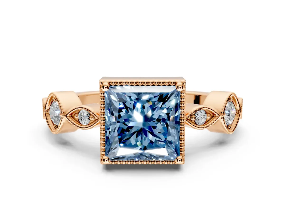Vintage Station Engagement Ring Setting for Fancy Blue Princess Cut Center with Accents and Prong Head in Rose Gold