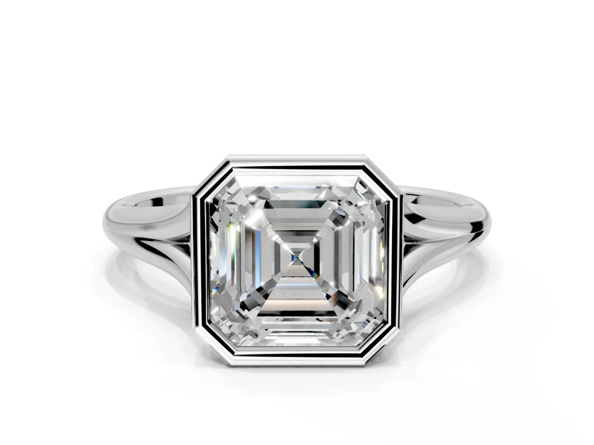 Solitaire Engagement Ring Setting for Asscher Cut Center with V Split Shank and Bezel Head in Platinum
