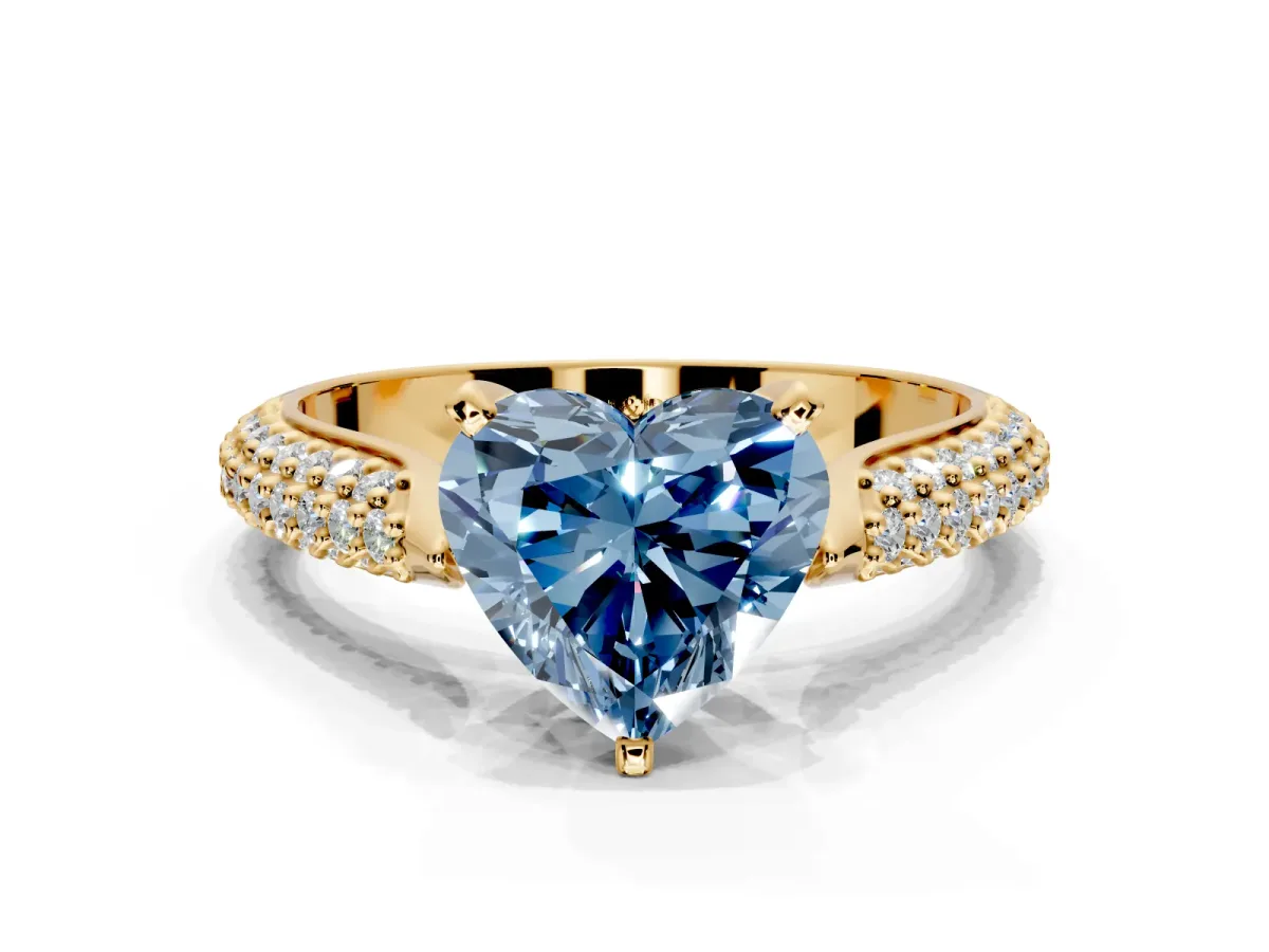 Solitaire Engagement Ring Setting for Fancy Blue Heart-Shaped Center with Multi-Row Accents and Prong Head in Yellow Gold