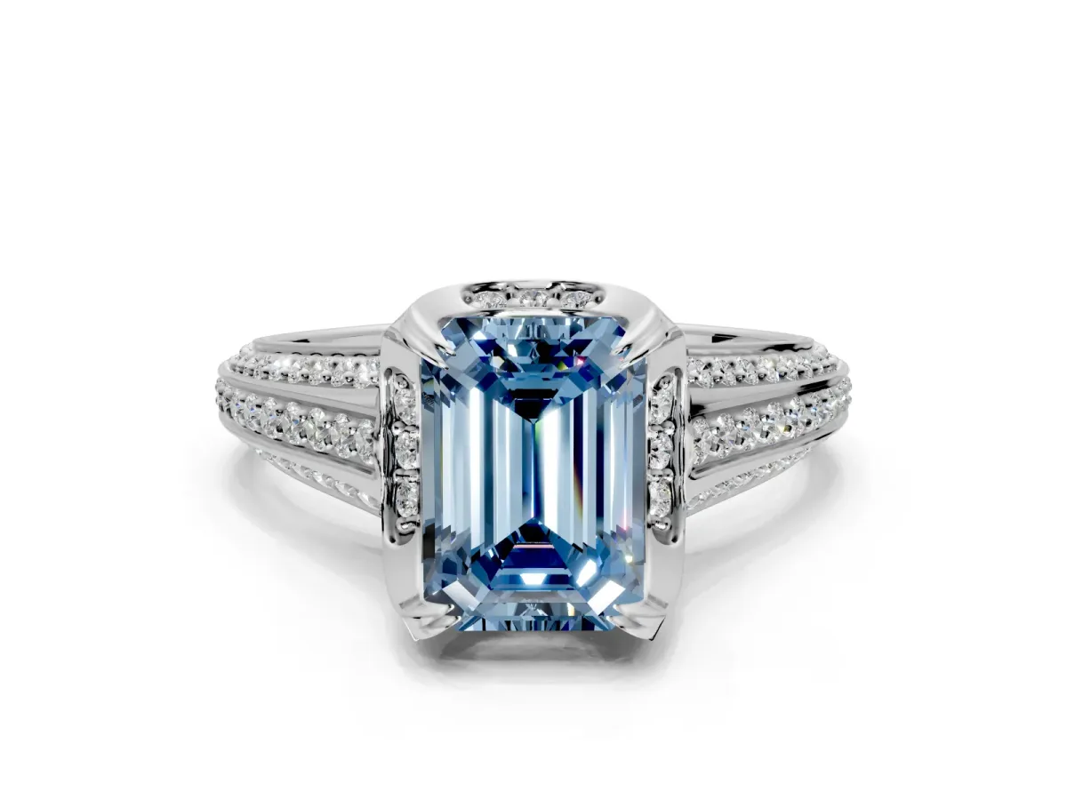 Solitaire Engagement Ring Setting for Fancy Blue Emerald Cut Center with Accented Split Shank and Prong Head in Platinum
