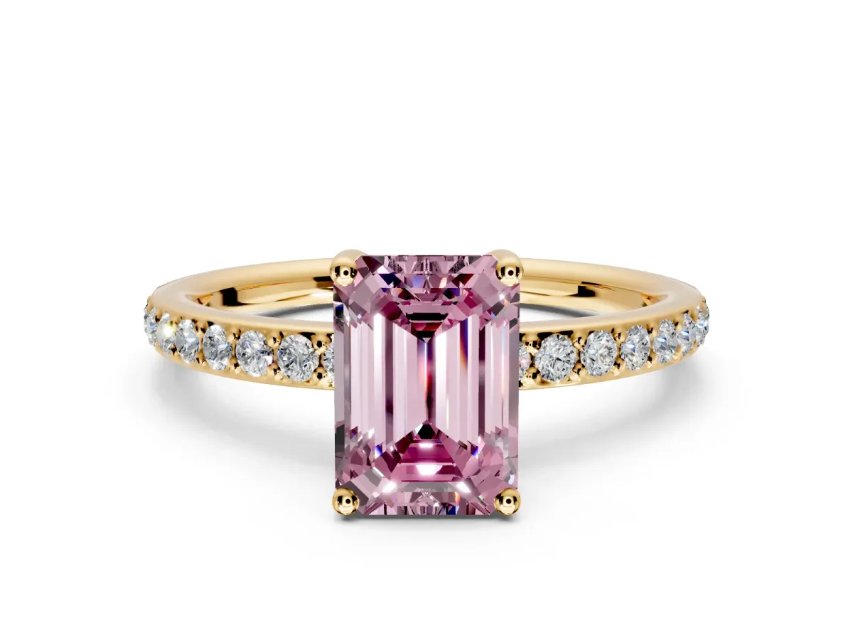 Solitaire Engagement Ring Setting for Fancy Pink Emerald Cut Center with Fine Pave Band and Prong Head in Yellow Gold