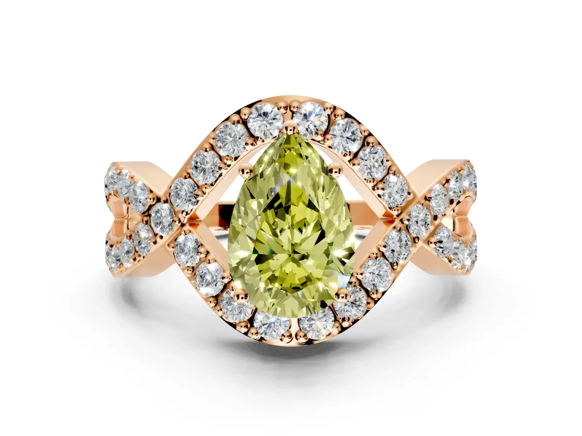 Halo Engagement Ring Setting for Fancy Yellow Pear-Shaped Center with Pave Infinity Twist Band and Prong Head in Rose Gold