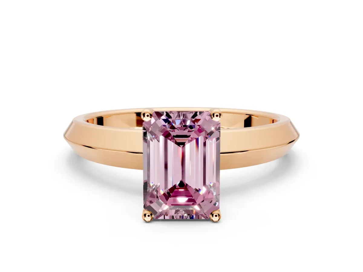 Solitaire Engagement Ring Setting for Fancy Pink Emerald Cut Center with Wide Knife Ridge Band and Prong Head in Rose Gold