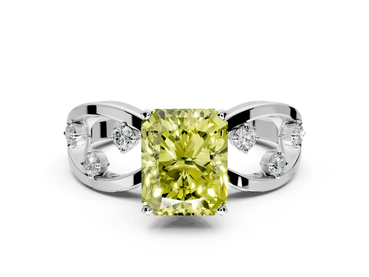 Solitaire Engagement Ring Setting for Fancy Yellow Radiant Cut Center with Criss-Cross Accent Band and Prong Head in White Gold