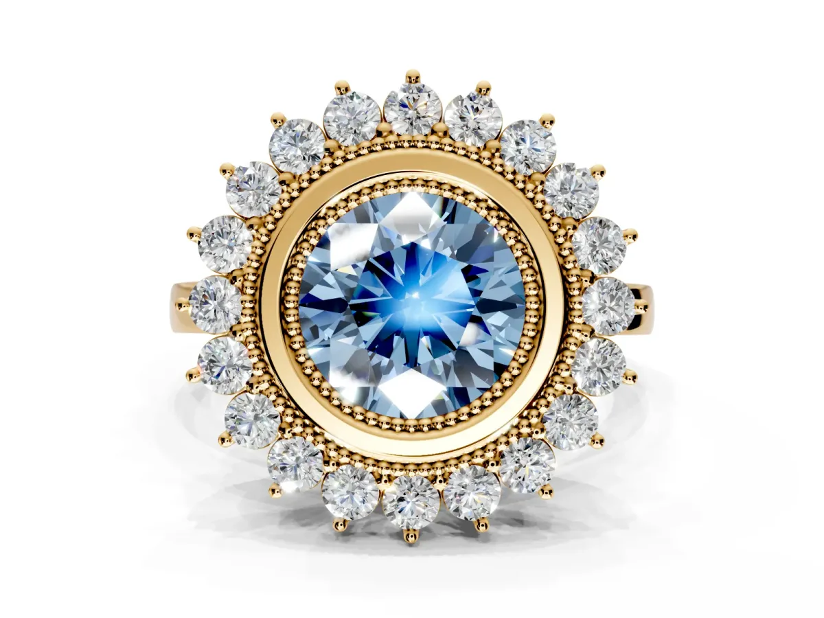 Halo Engagement Ring Setting for Fancy Blue Round Cut Center with Milgrain Bezel Rim, Plain Band and Prong Head in Yellow Gold