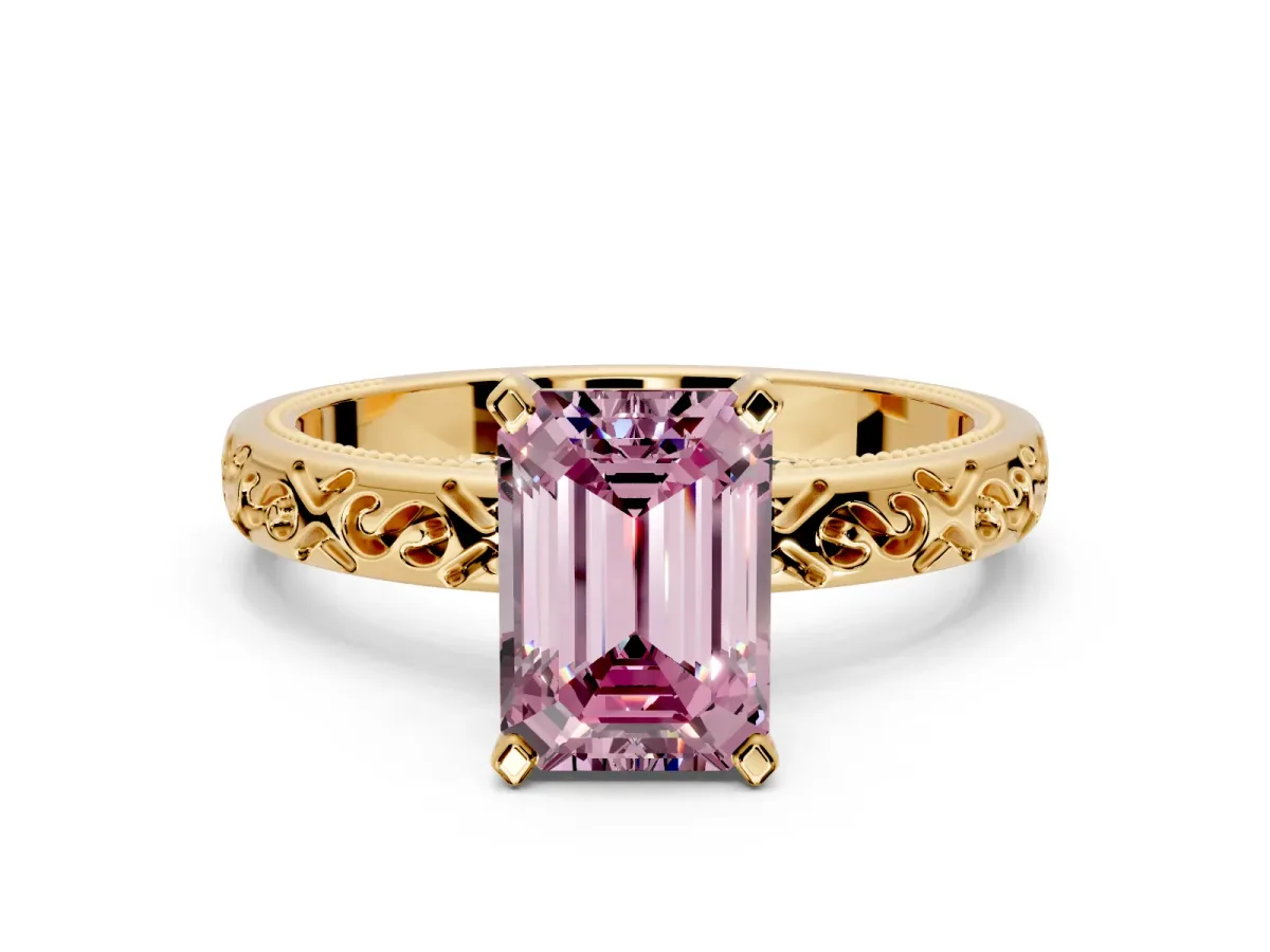 Solitaire Engagement Ring Setting for Fancy Pink Emerald Cut Center with Scrollwork Band and Prong Head in Yellow Gold