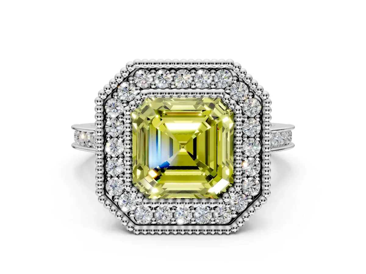 Halo Engagement Ring Setting for Fancy Yellow Asscher Cut Center with Milgrain Frame, Pave Band and Prong Head in Platinum