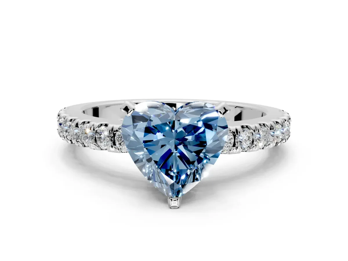 Solitaire Engagement Ring Setting for Fancy Blue Heart-Shaped Center with Single Row Accent Band and Prong Head in White Gold