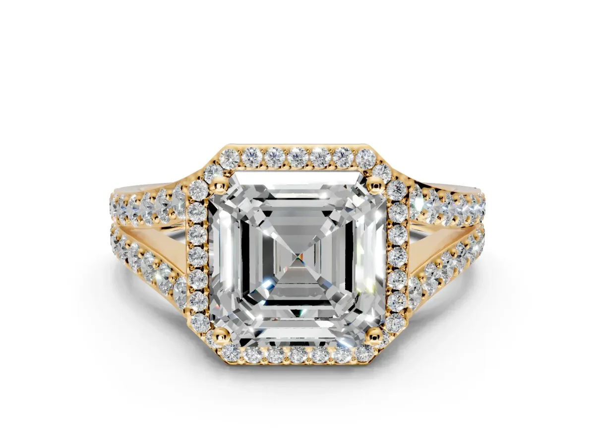Halo Engagement Ring Setting for Asscher Cut Center with Narrow Pave Split Shank and Prong Head in Yellow Gold