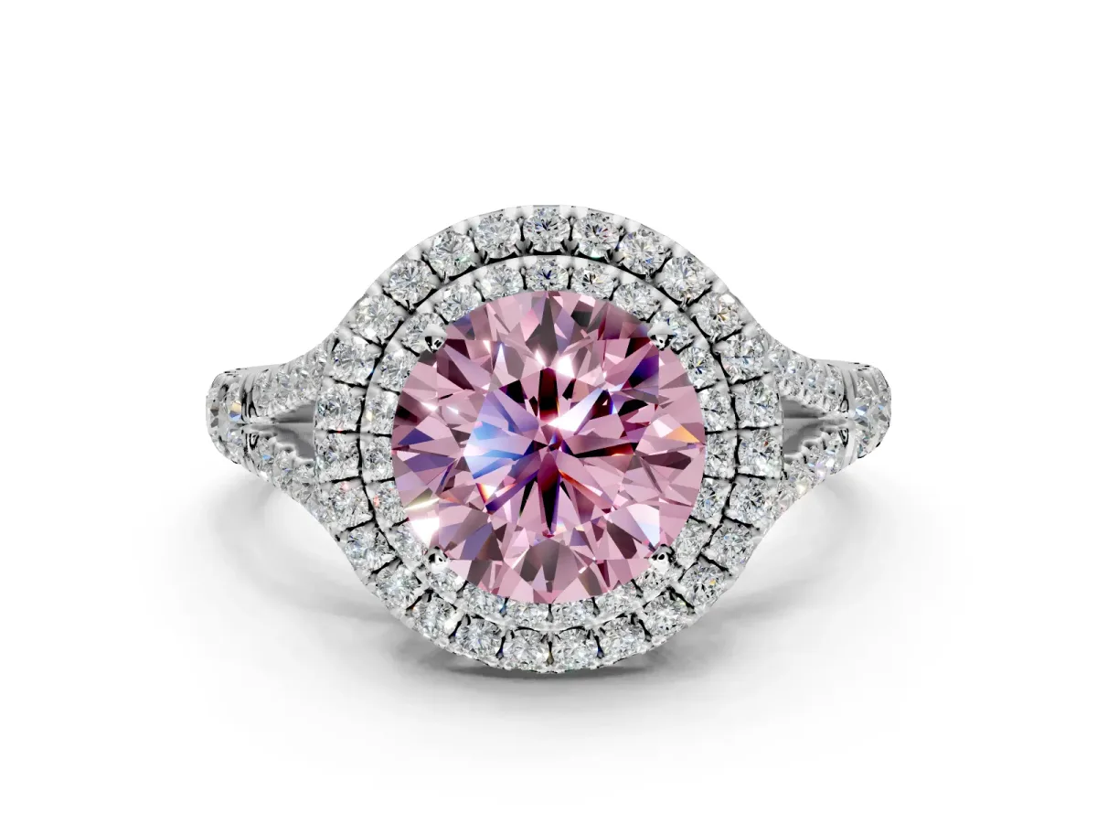 Double Halo Engagement Ring Setting for Fancy Pink Round Cut Center with Narrow Pave Split Shank and Prong Head in Sterling Silver