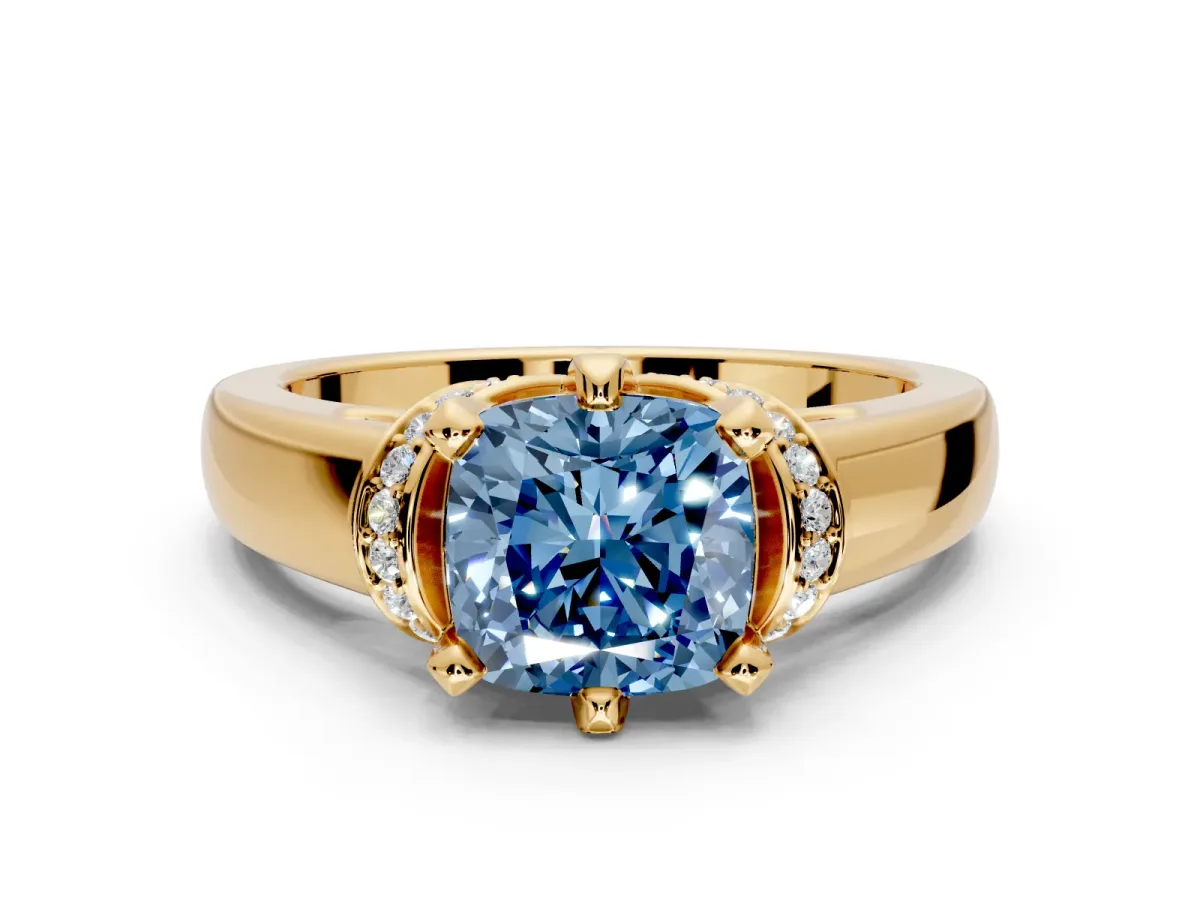Solitaire Engagement Ring Setting for Fancy Blue Cushion Cut Center with Wide Band, Pave Collar and Prong Head in Yellow Gold