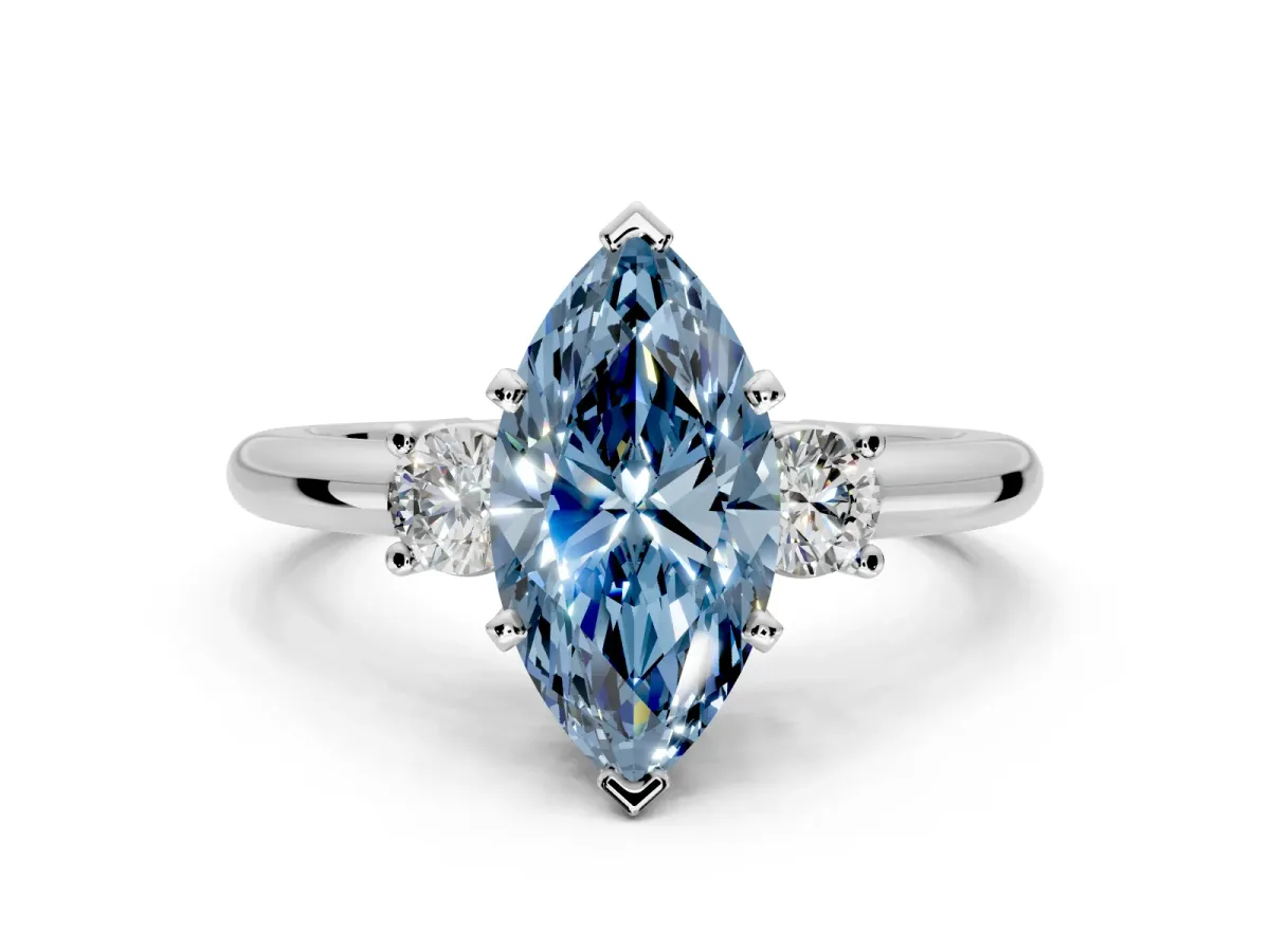 3 Stone Engagement Ring Setting for Fancy Blue Marquise Center with Wide Plain Band and Prong Head in Platinum