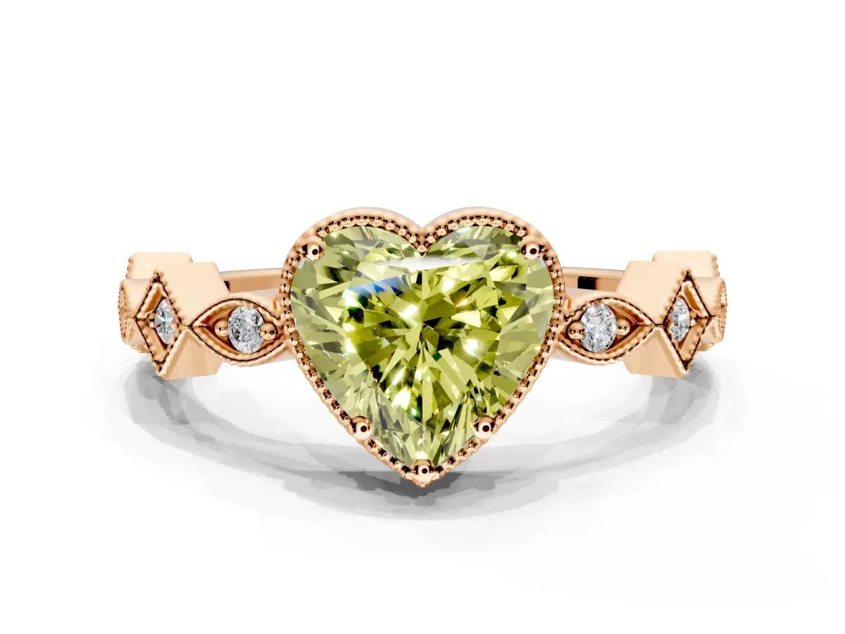 Milgrain Bezel Engagement Ring Setting for Fancy Yellow Heart-Shaped Center with Marquise Stations and Bezel Head in Rose Gold