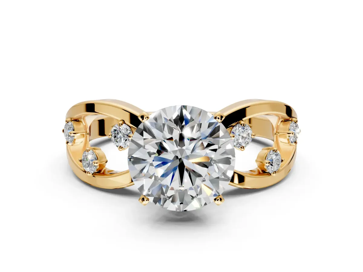 Solitaire Engagement Ring Setting for Round Cut Center with Criss-Cross Accent Band and Prong Head in Yellow Gold