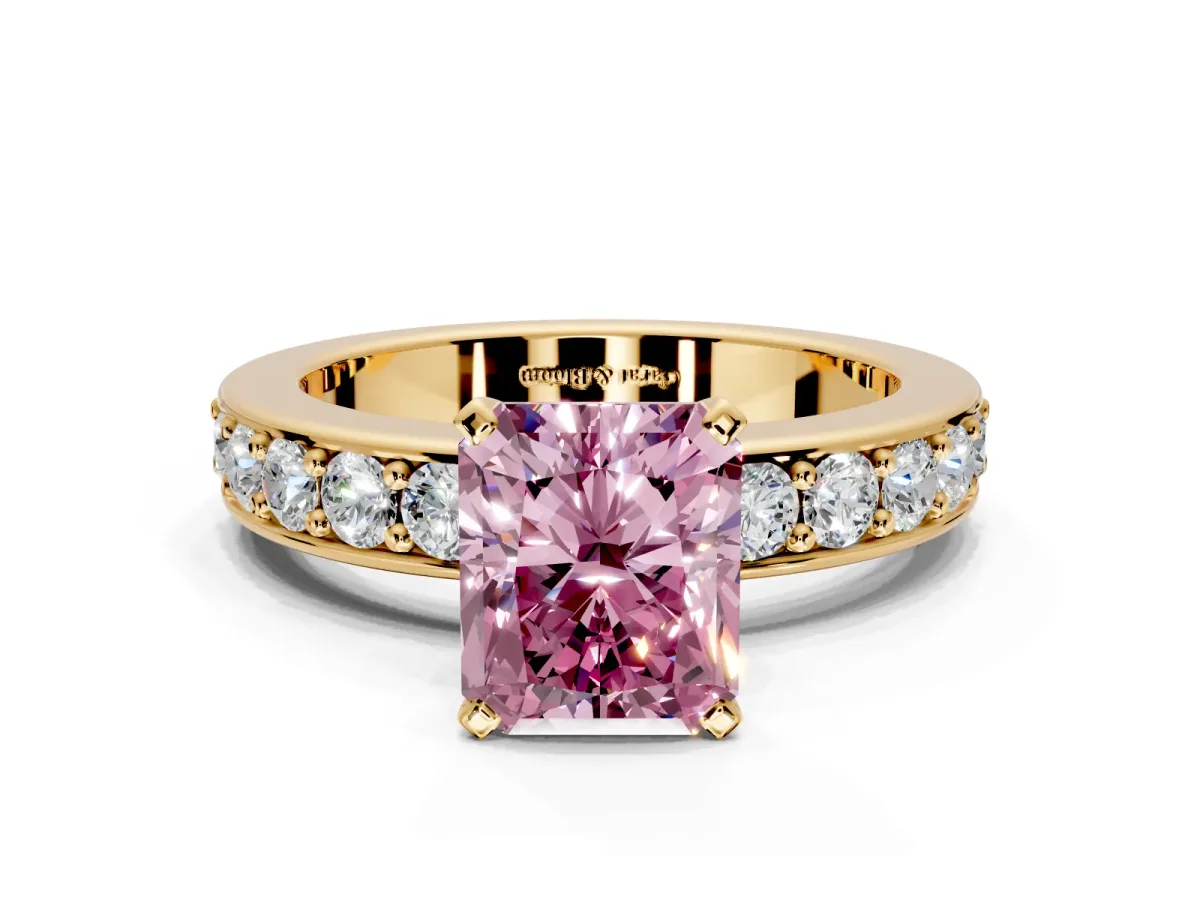 Solitaire Engagement Ring Setting for Fancy Pink Radiant Cut Center with Channel-Set Accents and Prong Head in Yellow Gold