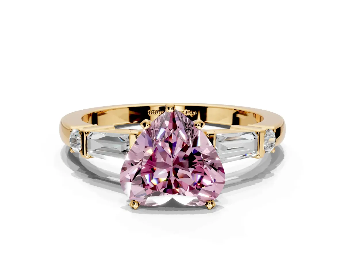 Bar-Set Engagement Ring Setting for Fancy Pink Heart-Shaped Center with Tapered Baguette Accents and Prong Head in Yellow Gold