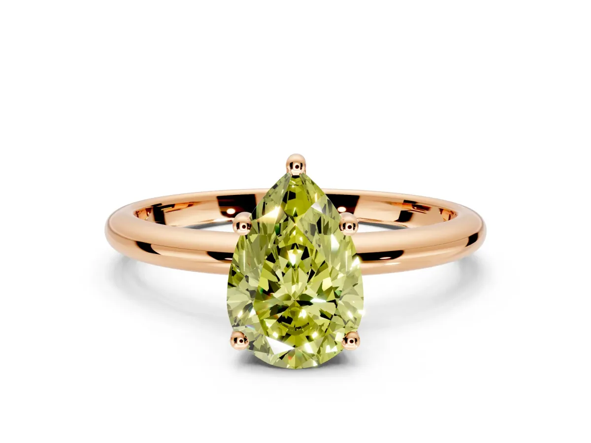 Hidden Halo Engagement Ring Setting for Fancy Yellow Pear-Shaped Center with Thin Round-Wire Band and Prong Head in Rose Gold
