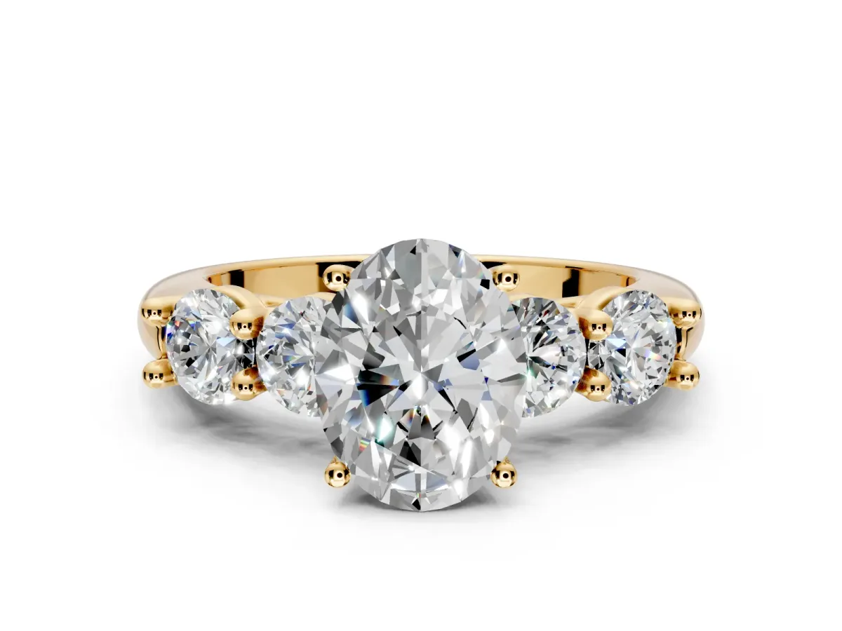 5 Stone Engagement Ring Setting for Oval Center with Graduated Accents and Prong Head in Yellow Gold