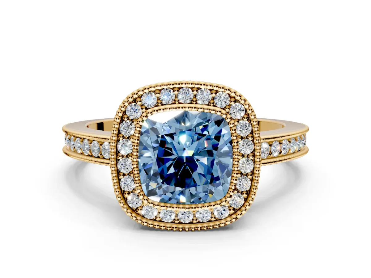 Halo Engagement Ring Setting for Fancy Blue Cushion Cut Center with Milgrain Halo, Pave Band and Prong Head in Yellow Gold