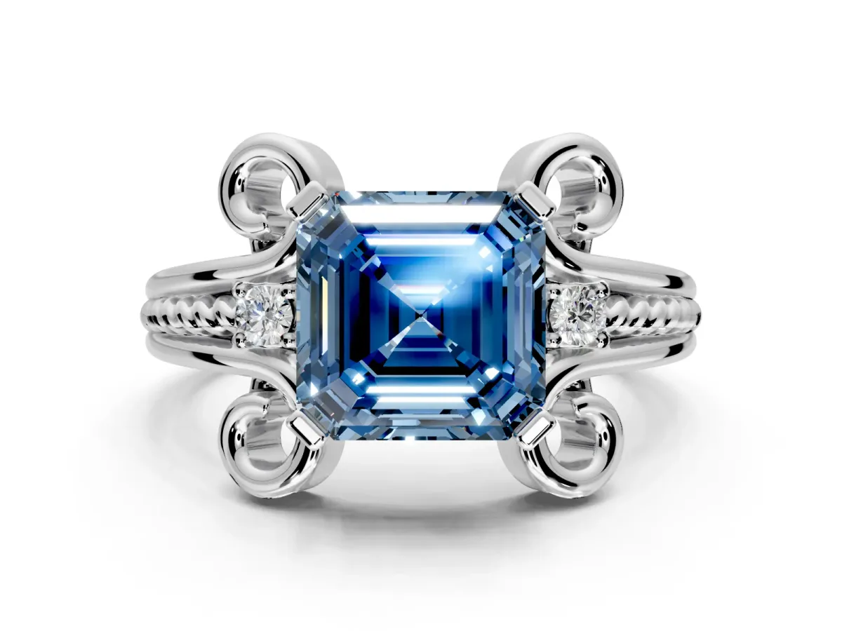 Solitaire Engagement Ring Setting for Fancy Blue Asscher Cut Center with Twisted Band and Scroll Prong Head in Platinum