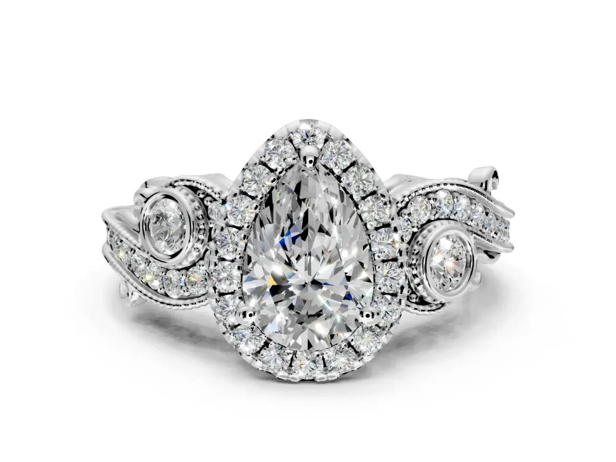 Milgrain Halo Engagement Ring Setting for Pear-Shaped Center with Shoulder Bezels and Prong Head in White Gold