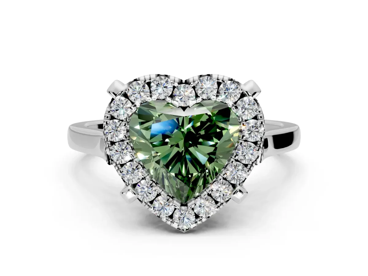 Single Halo Engagement Ring Setting for Fancy Green Heart-Shaped Center with Corner Claws, Plain Band and Prong Head in Sterling Silver