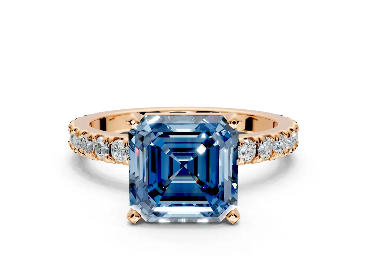 Solitaire Engagement Ring Setting for Fancy Blue Asscher Cut Center with Fine Pave Band and Claw Prong Head in Rose Gold