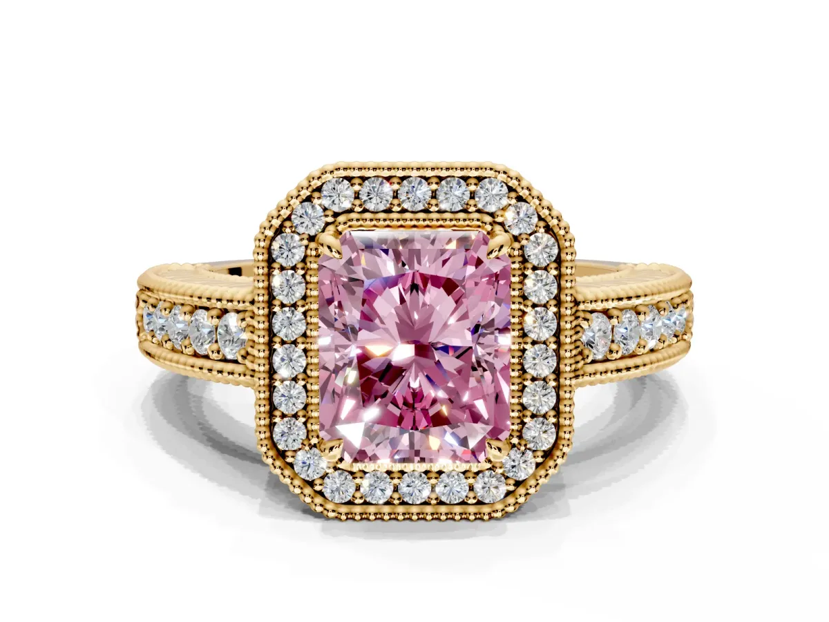 Milgrain Halo Engagement Ring Setting for Fancy Pink Radiant Cut Center with Pave Band and Prong Head in Yellow Gold