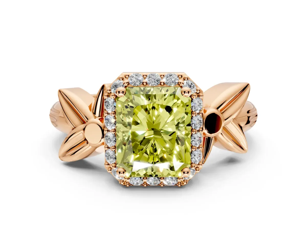 Halo Engagement Ring Setting for Fancy Yellow Radiant Cut Center with Floral Band and Prong Head in Rose Gold