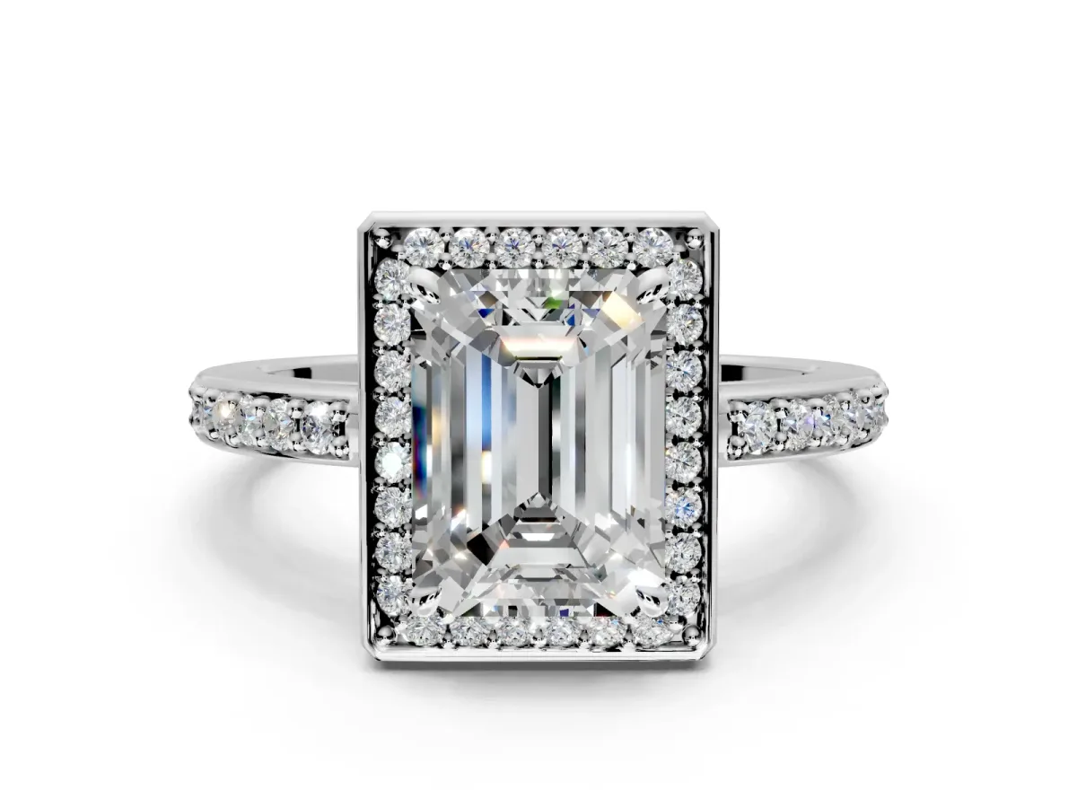 Halo Engagement Ring Setting for Emerald Cut Center with Metal-Rimmed Halo, Pave Band and Prong Head in White Gold