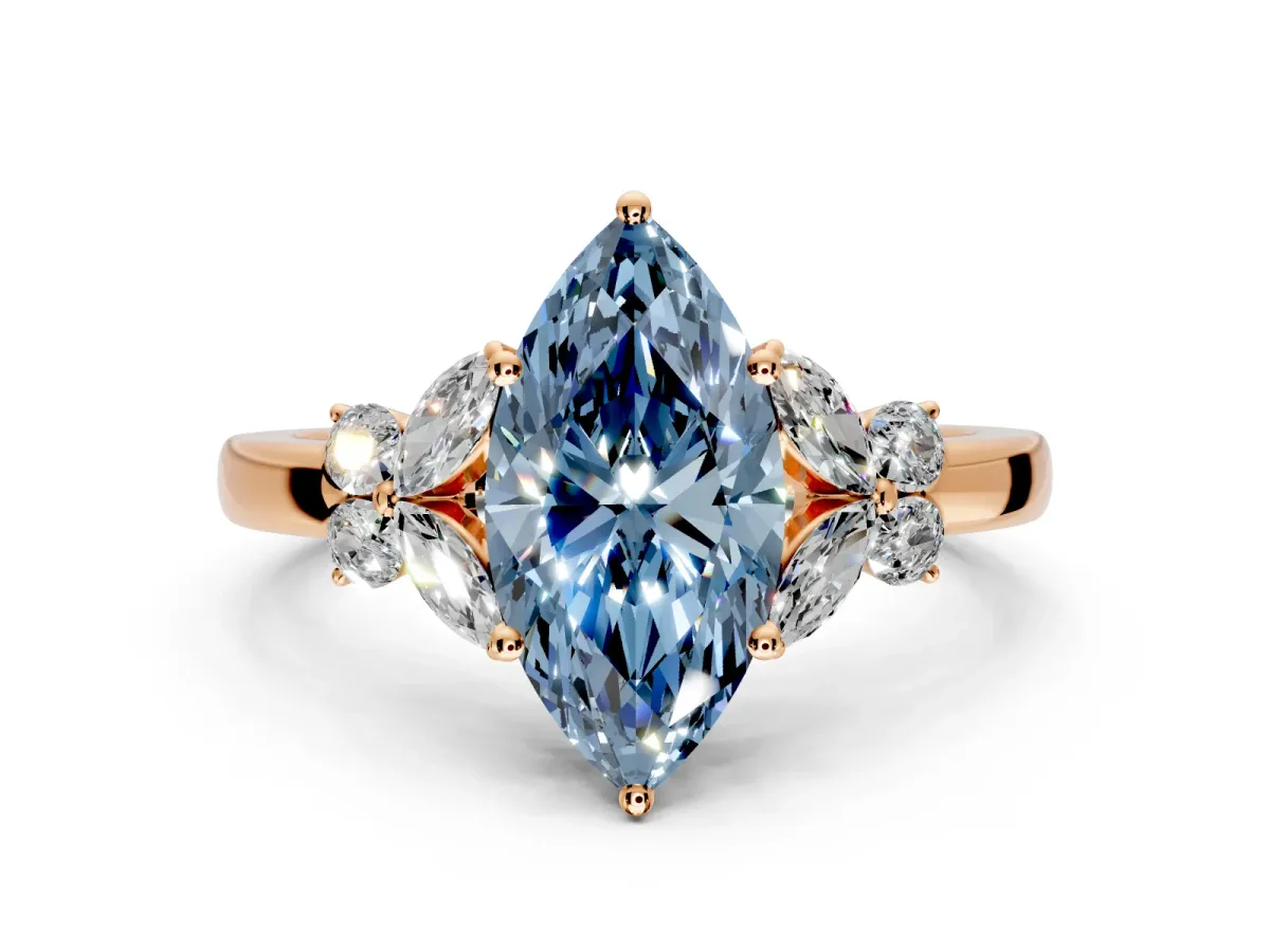Solitaire Engagement Ring Setting for Fancy Blue Marquise Center with Marquise Flower Shoulders and Prong Head in Rose Gold