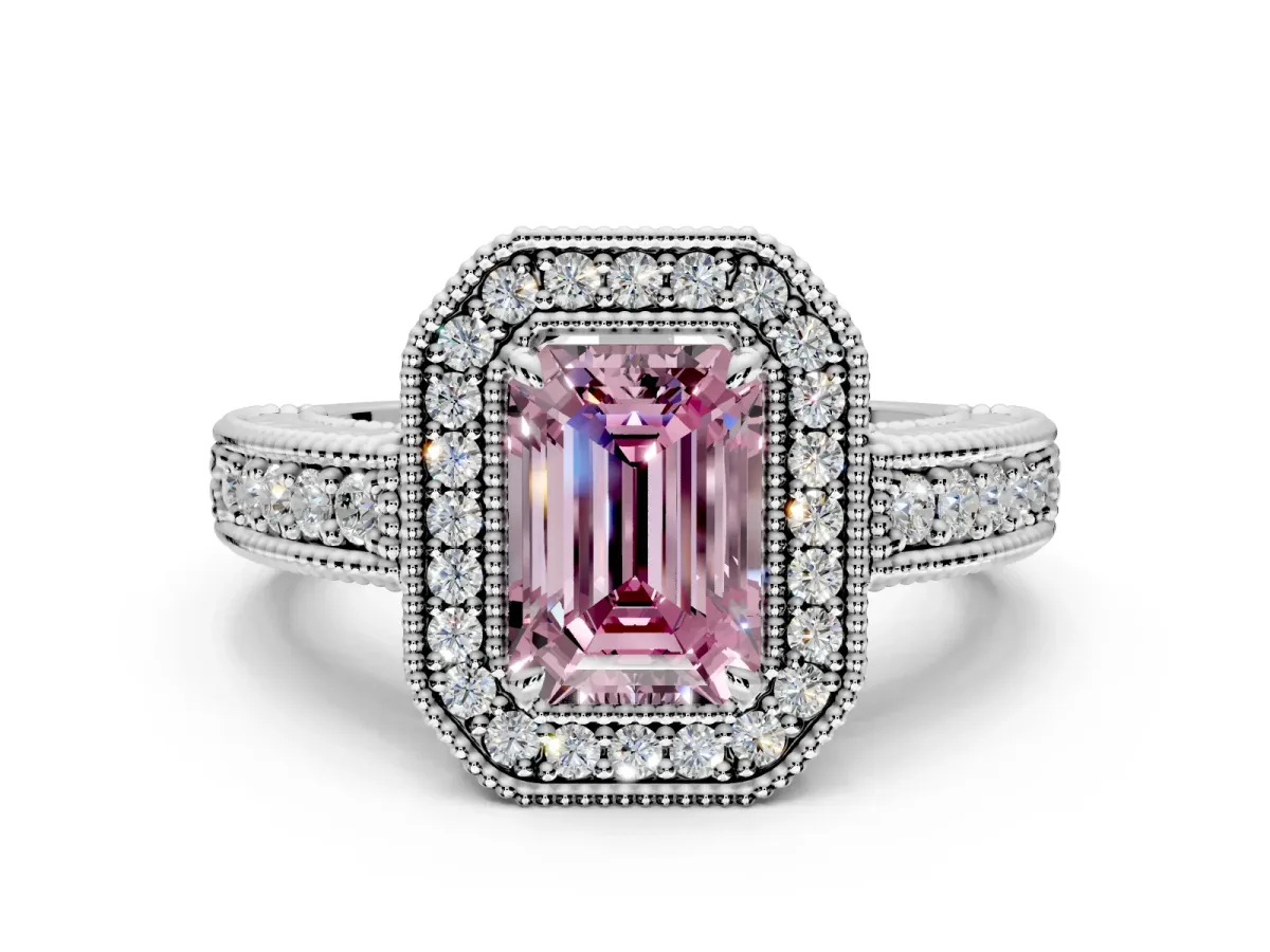 Milgrain Halo Engagement Ring Setting for Fancy Pink Emerald Cut Center with Pave Band and Prong Head in Platinum
