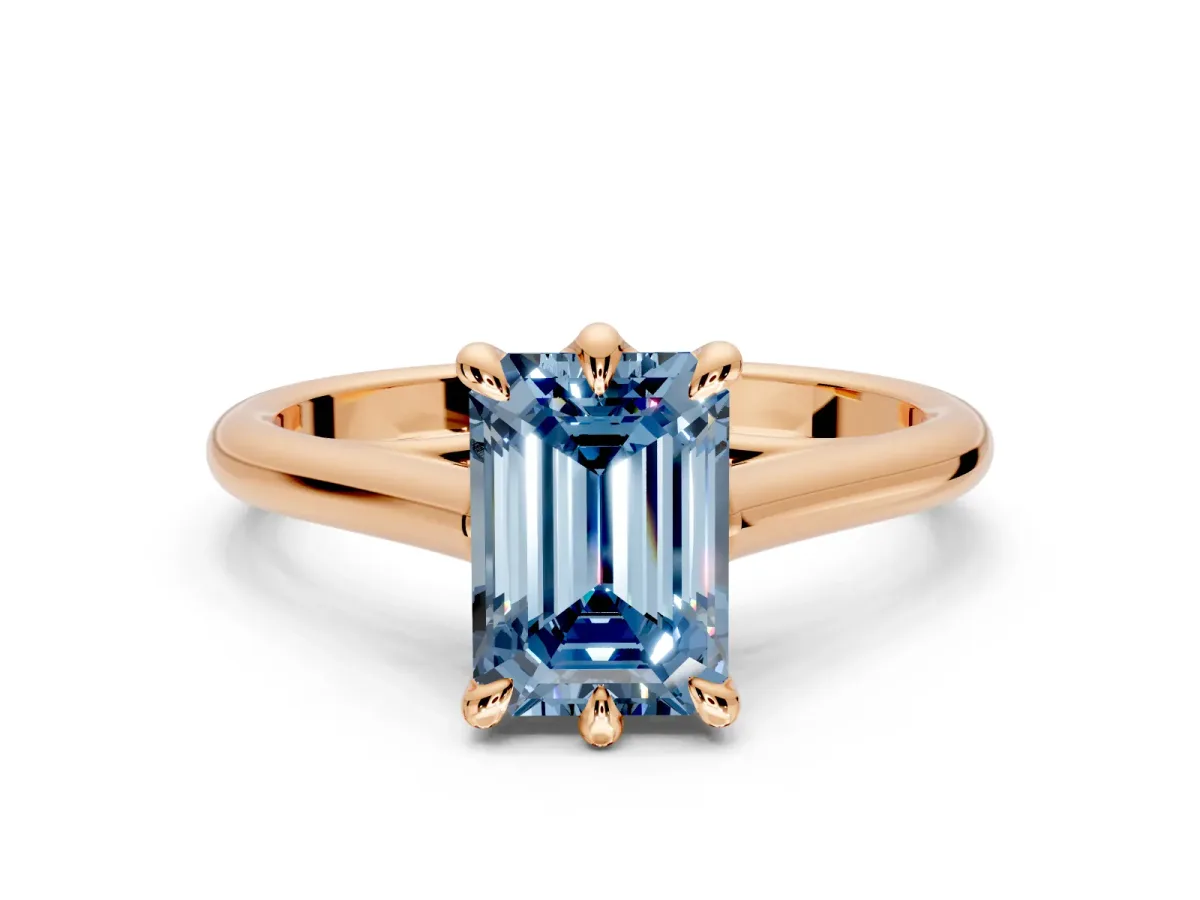 Solitaire Engagement Ring Setting for Fancy Blue Emerald Cut Center with Cathedral Band and Prong Head in Rose Gold