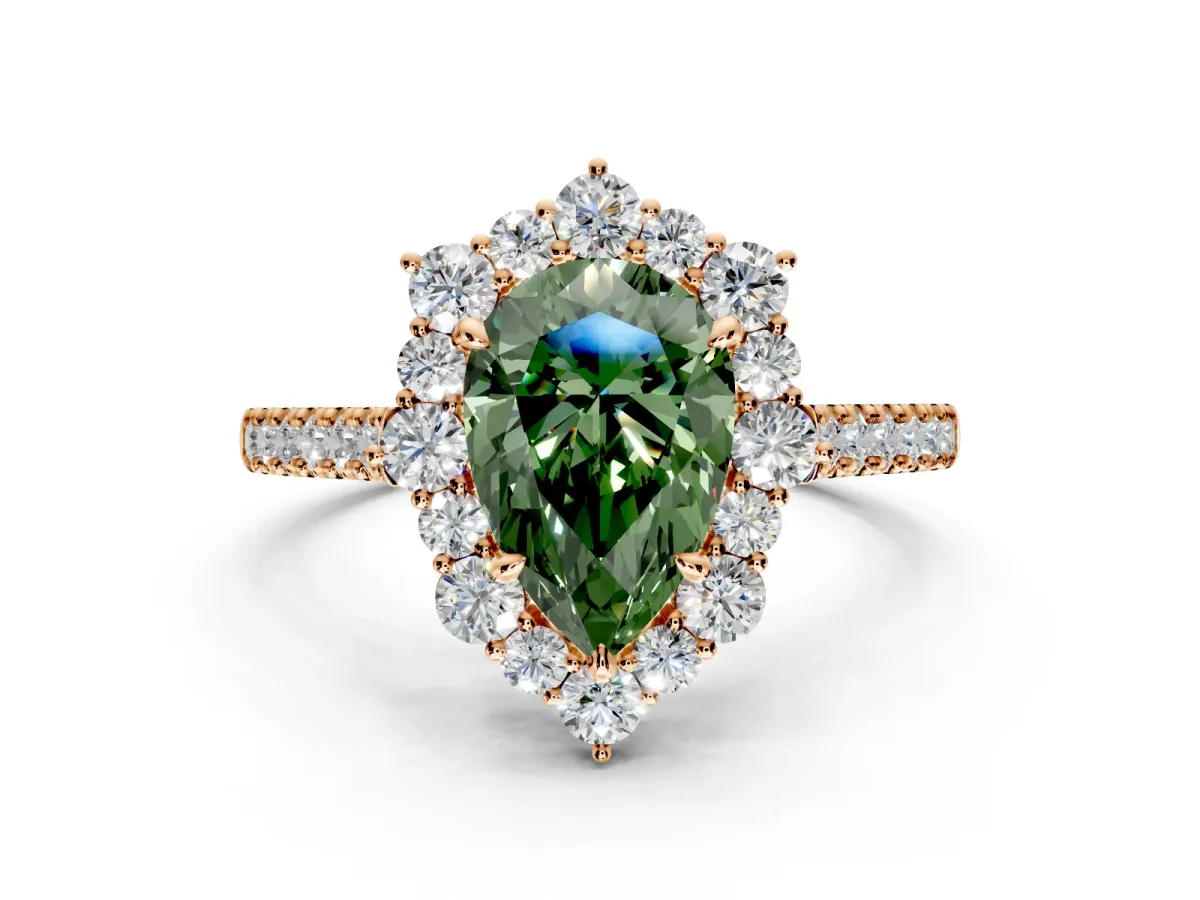 Halo Engagement Ring Setting for Fancy Green Pear-Shaped Center with Single-Row Pave, Open Basket and Prong Head in Rose Gold