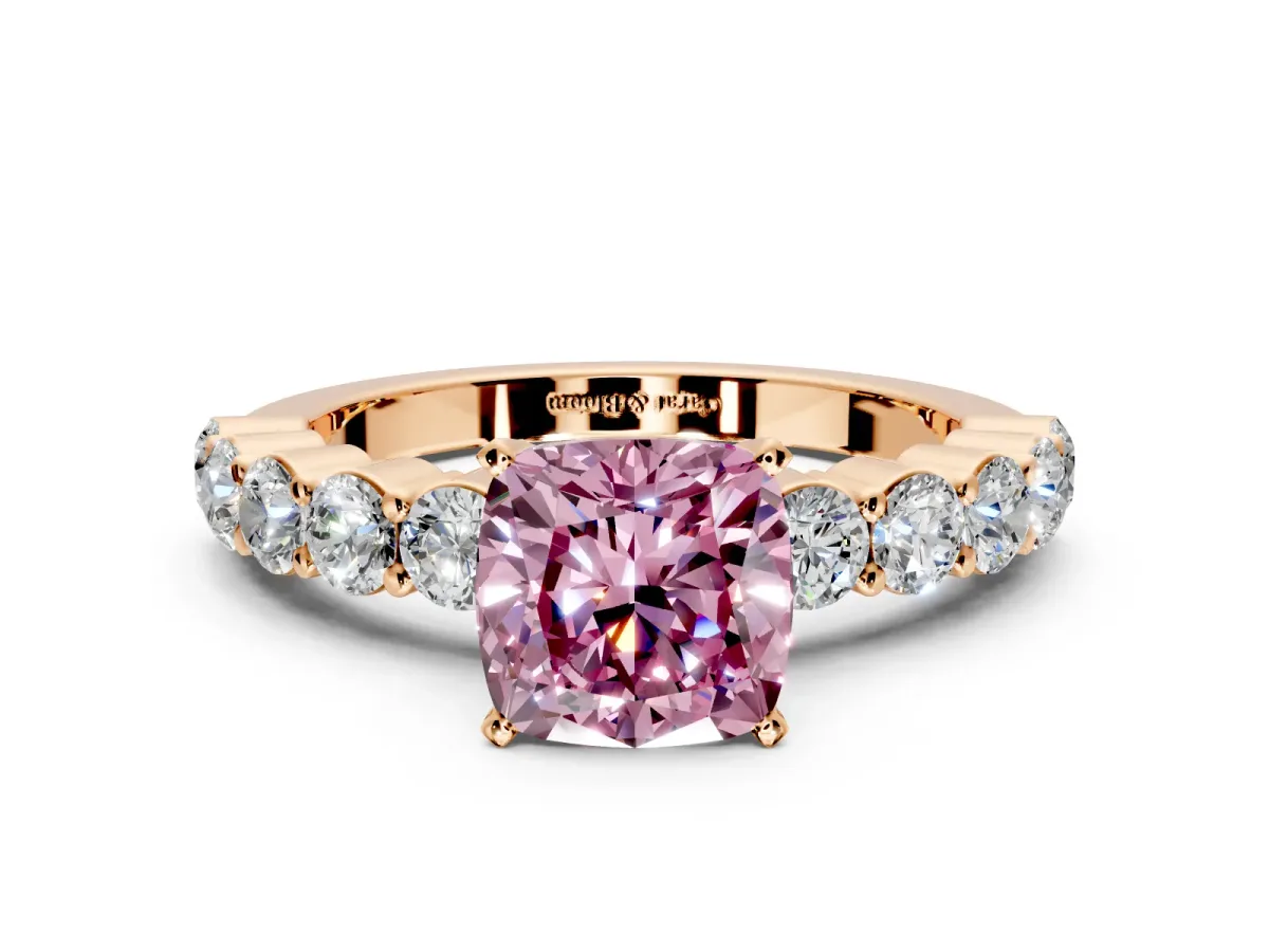 Shared-Prong Engagement Ring Setting for Fancy Pink Cushion Cut Center with Graduated Accents and Prong Head in Rose Gold