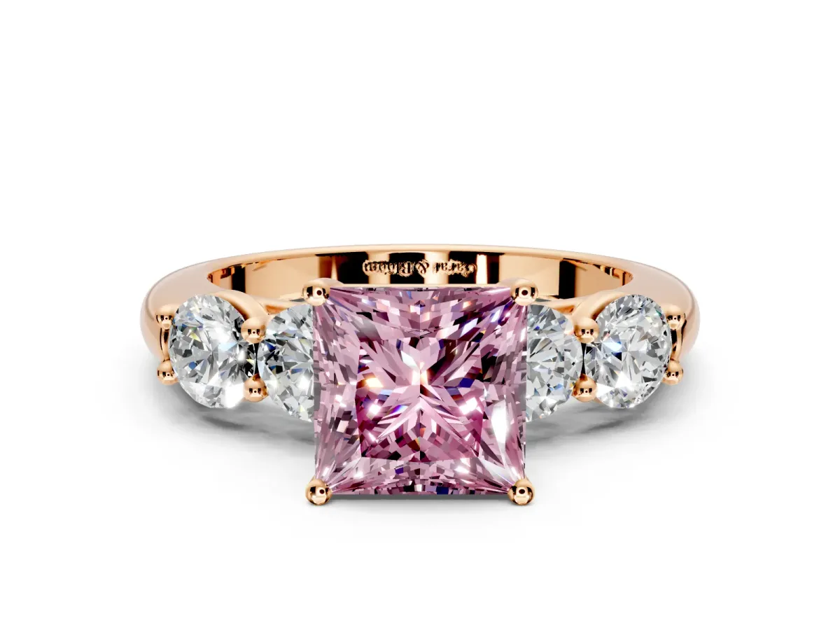 5 Stone Engagement Ring Setting for Fancy Pink Princess Cut Center with Graduated Accents and Prong Head in Rose Gold