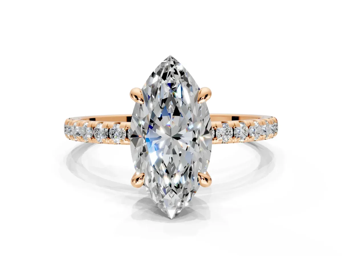 Solitaire Engagement Ring Setting for Marquise Center with Fine Pave Narrow Band and Prong Head in Rose Gold