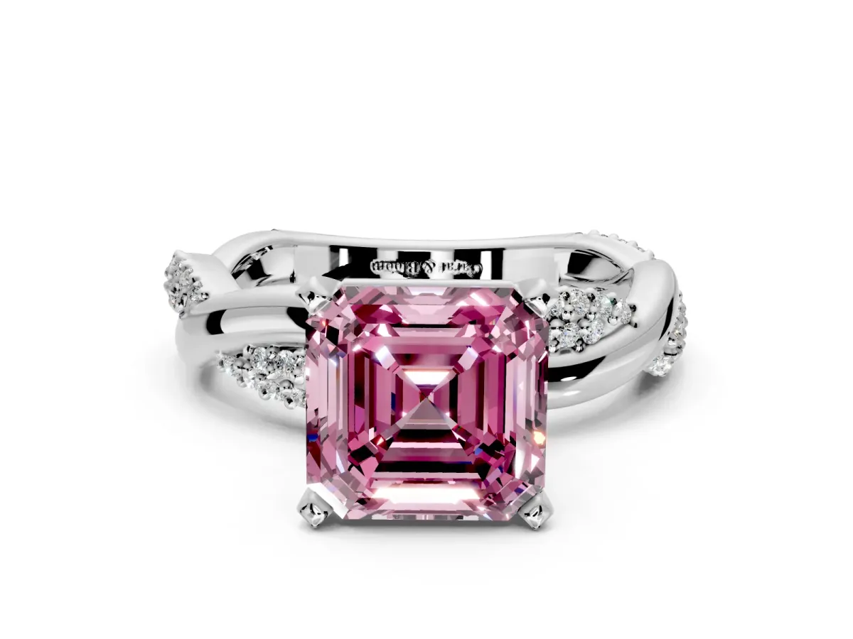 Solitaire Engagement Ring Setting for Fancy Pink Asscher Cut Center with Pave and Plain Crossover and Basket Head in Platinum
