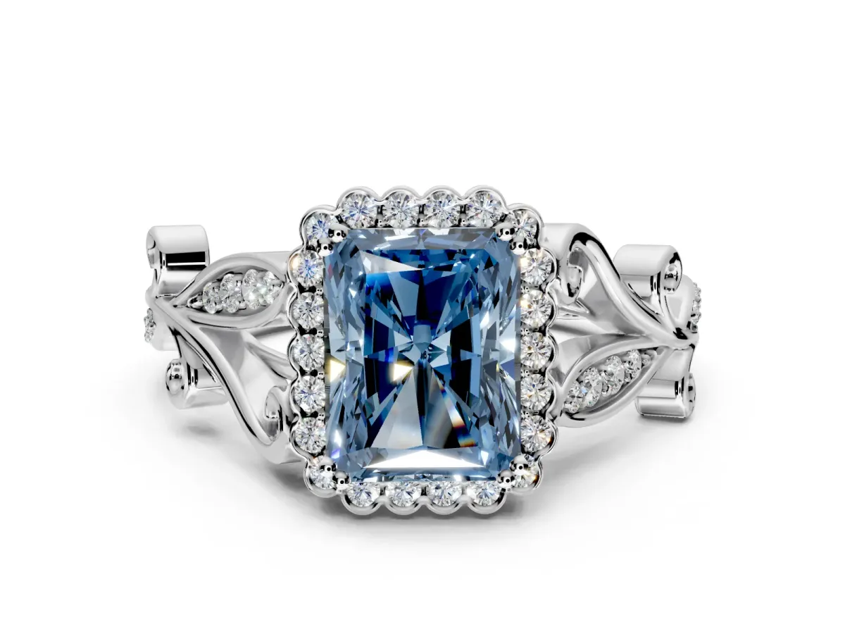 Halo Engagement Ring Setting for Fancy Blue Radiant Cut Center with Leaf Motif Split Shank and Prong Head in Platinum