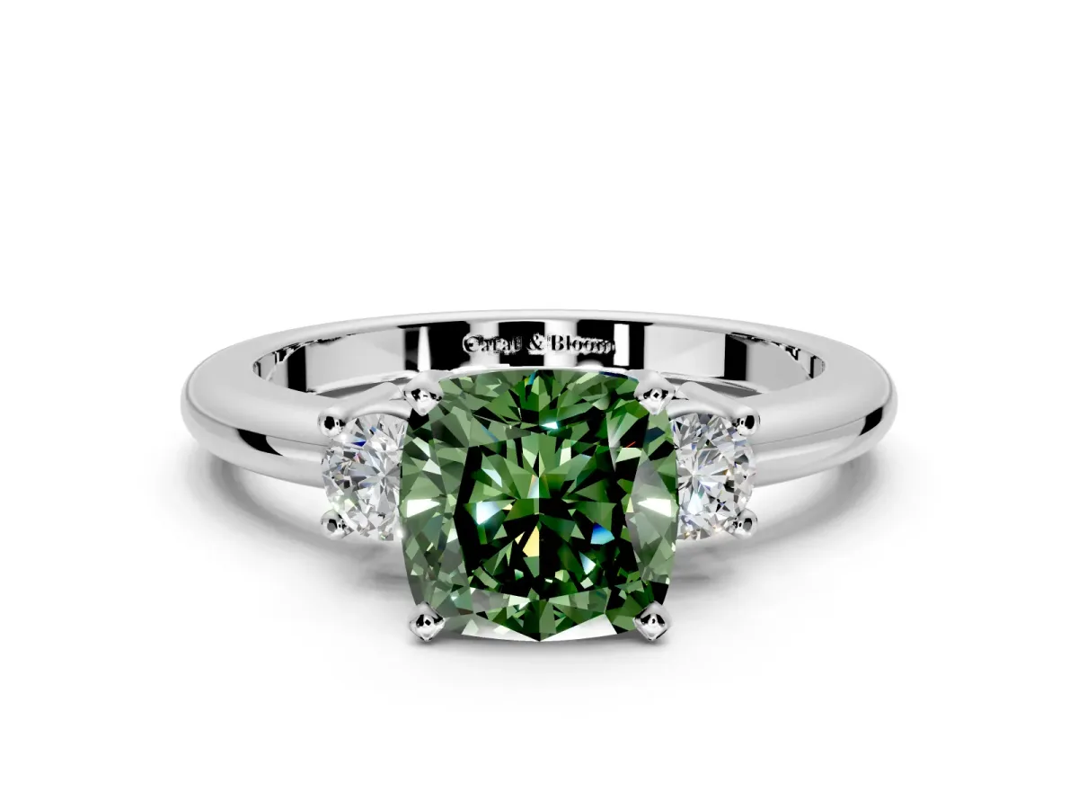 3 Stone Engagement Ring Setting for Fancy Green Cushion Cut Center with Wide Plain Band and Prong Head in White Gold