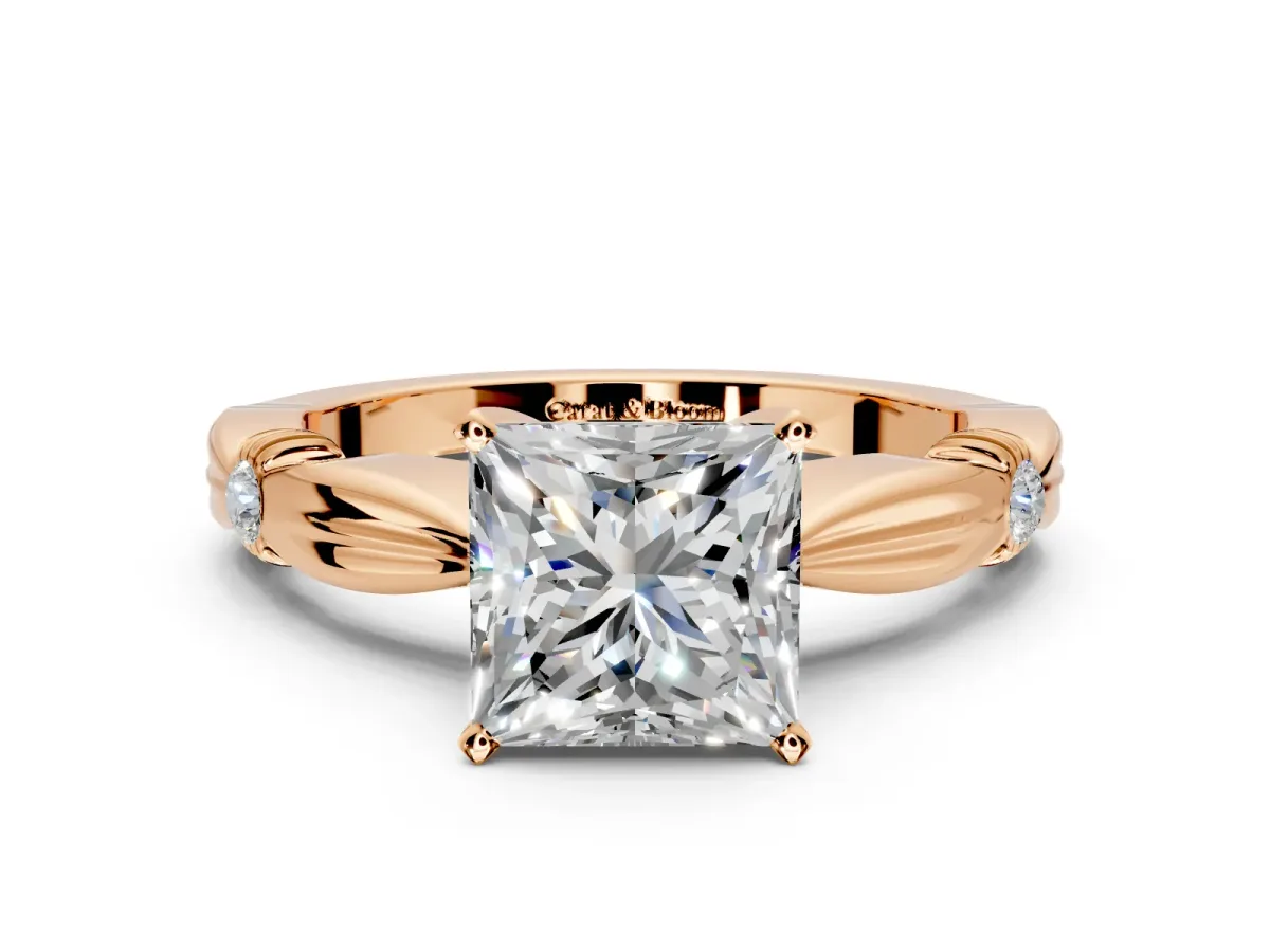 Solitaire Engagement Ring Setting for Princess Cut Center with Carved Leaf Shoulders and Prong Head in Rose Gold